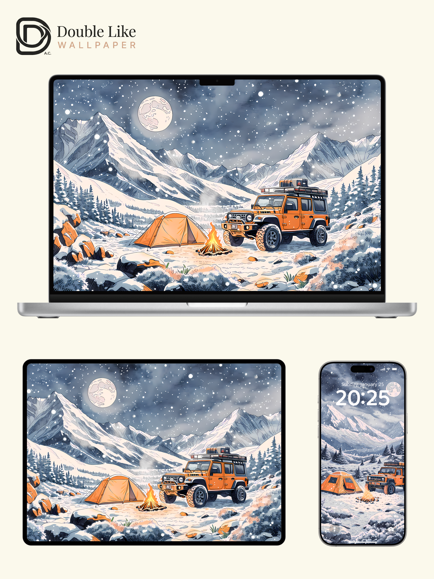 Cozy Winter Camping Mountain Adventure Digital Art Wallpaper Pack [#LFHL1022]