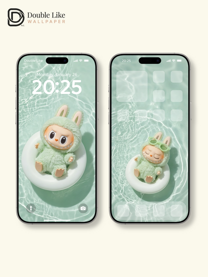 Mint Pool Bunny Summer Floating Healing Wallpaper Set [#JJ46]