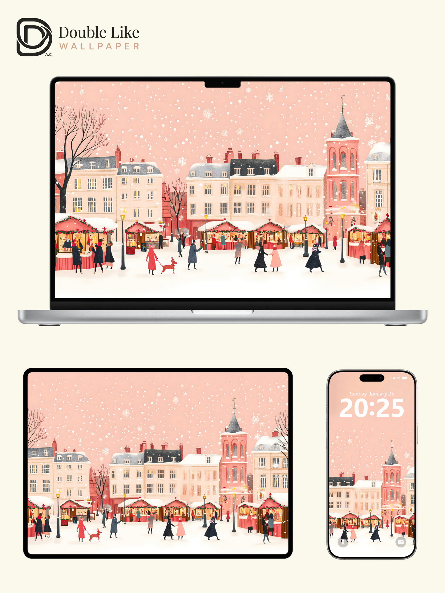 Pink Christmas Village Market Snow Illustration Aesthetic Wallpaper Pack [#WGF071]