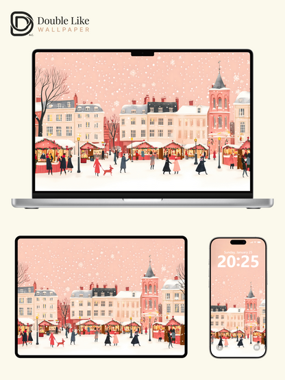 Pink Christmas Village Market Snow Illustration Aesthetic Wallpaper Pack [#WGF071]
