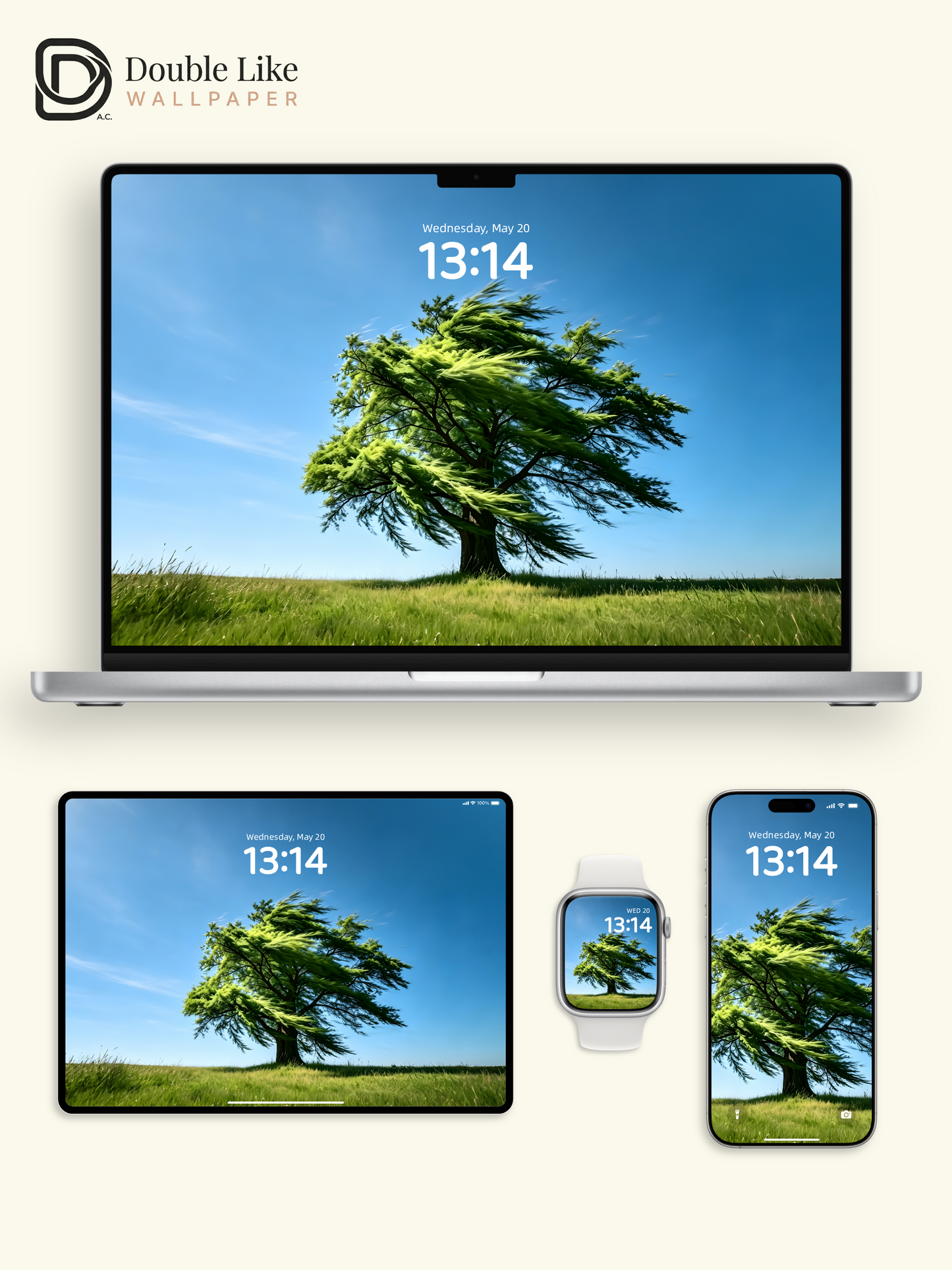 Combined Product Name: Lone Windblown Tree On Clear Sky Meadow Calming Inspirational Atmospheric Nature Landscape Full-Device Wallpaper Pack [#ZMY474]
