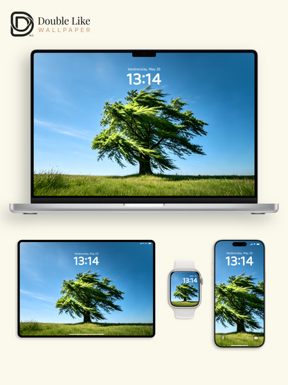 Combined Product Name: Lone Windblown Tree On Clear Sky Meadow Calming Inspirational Atmospheric Nature Landscape Full-Device Wallpaper Pack [#ZMY474]