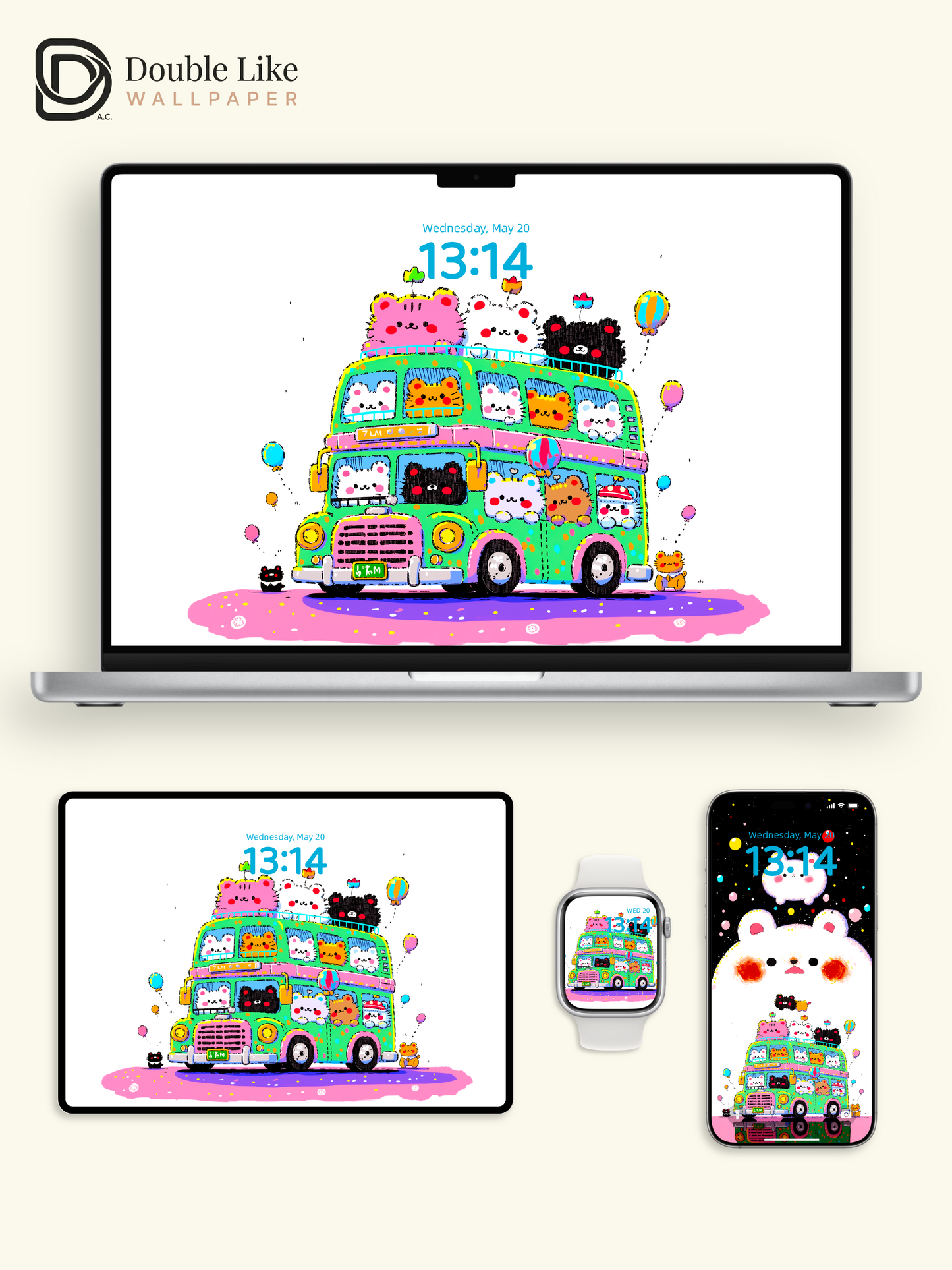 Cute Kawaii Animals Green Tour Bus Giant Bear Aesthetic Wallpaper Pack [#HW1507]
