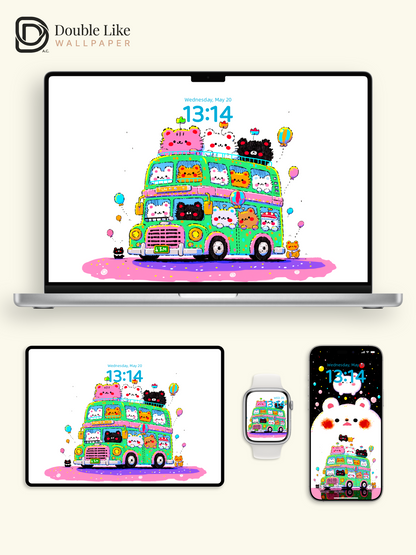 Cute Kawaii Animals Green Tour Bus Giant Bear Aesthetic Wallpaper Pack [#HW1507]