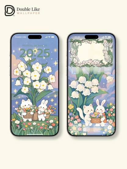 Cute Cat and Bunny Pastel Starry Garden Illustration Wallpaper Pack [#JJ05]