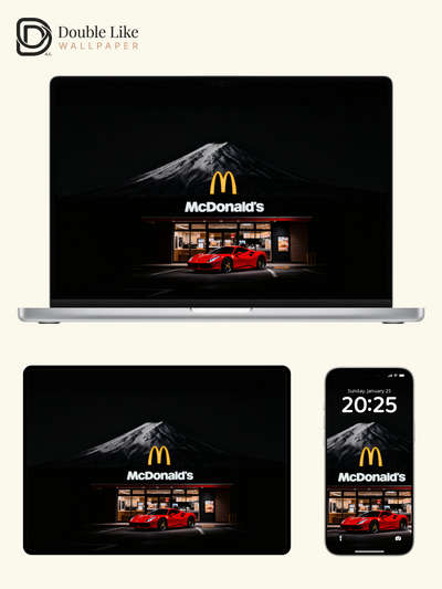 Red Sports Car McDonald's Mount Fuji Night Digital Art Wallpaper Pack [#ZJY2550]