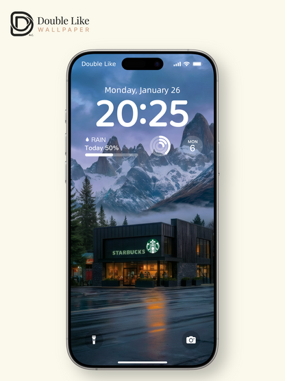 Snowy Mountain Town Starbucks Evening Landscape Wallpaper Pack [#ZJY2570]