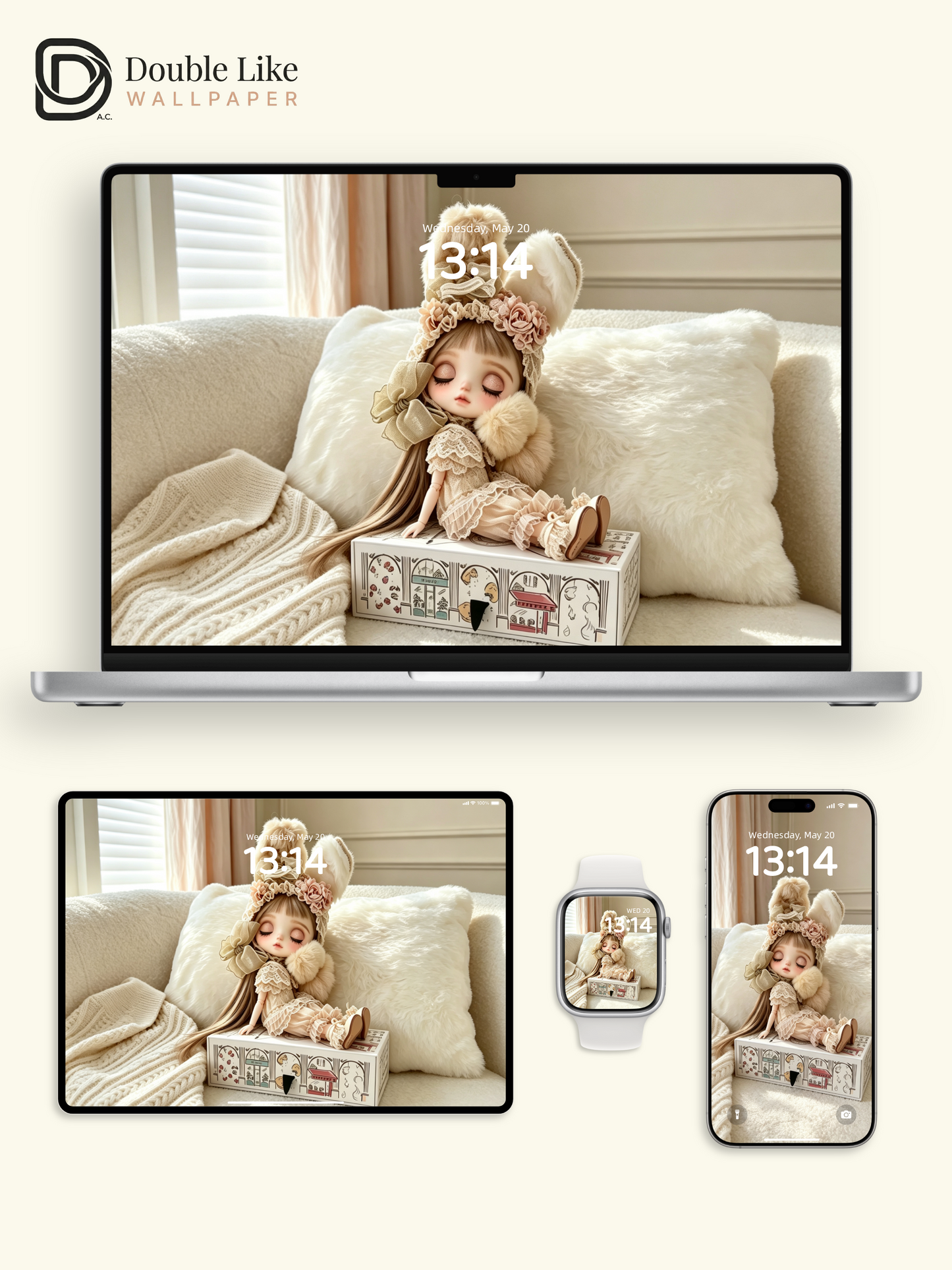 Vintage Bunny Ear Blythe Doll Cream Beige Dreamy Aesthetic Wallpaper [#HWWs005]