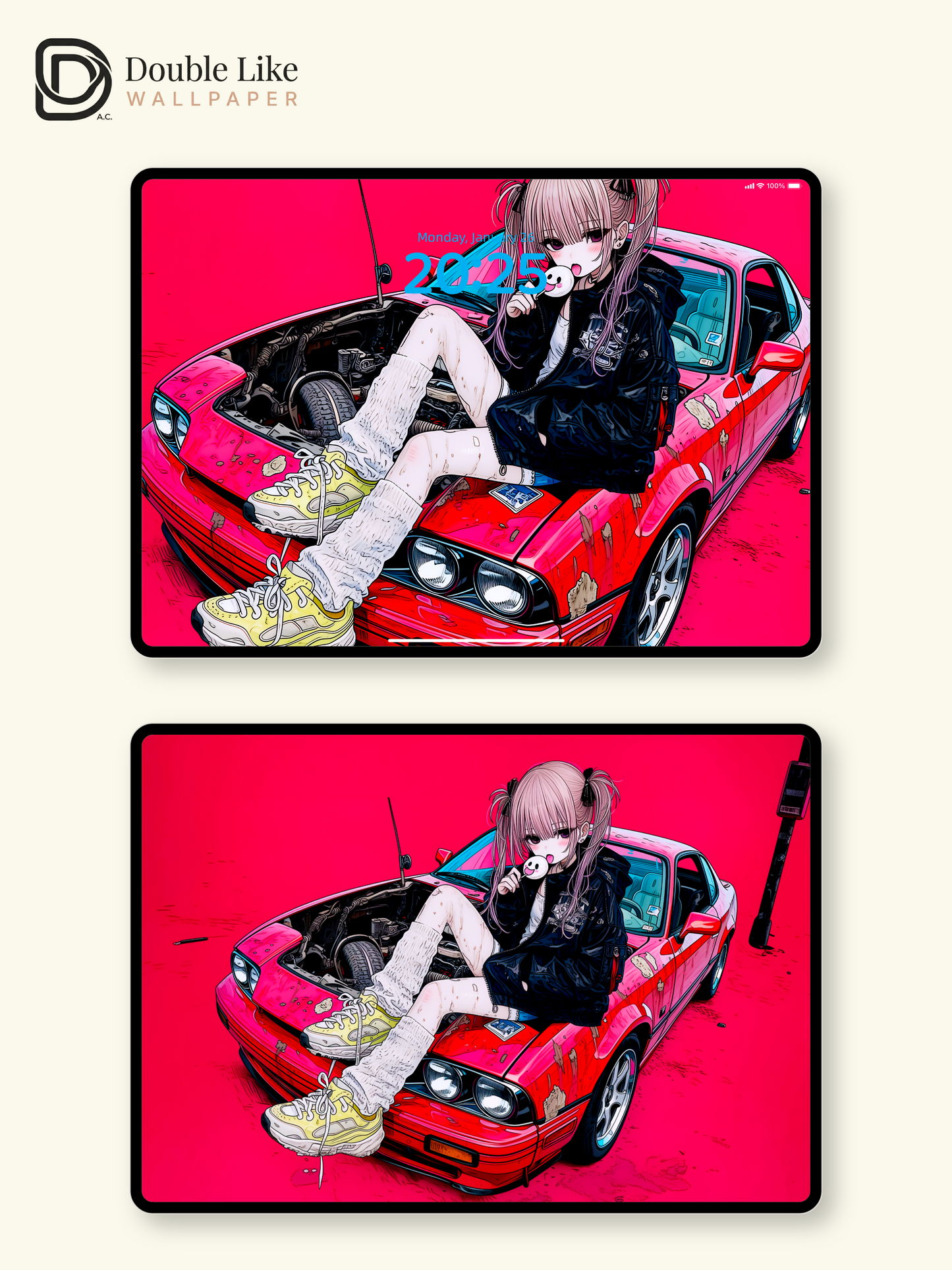 Retro Anime Girl Sports Car Cyberpunk Magenta Aesthetic Wallpaper Pack [#HW1512]