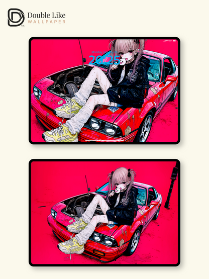 Retro Anime Girl Sports Car Cyberpunk Magenta Aesthetic Wallpaper Pack [#HW1512]