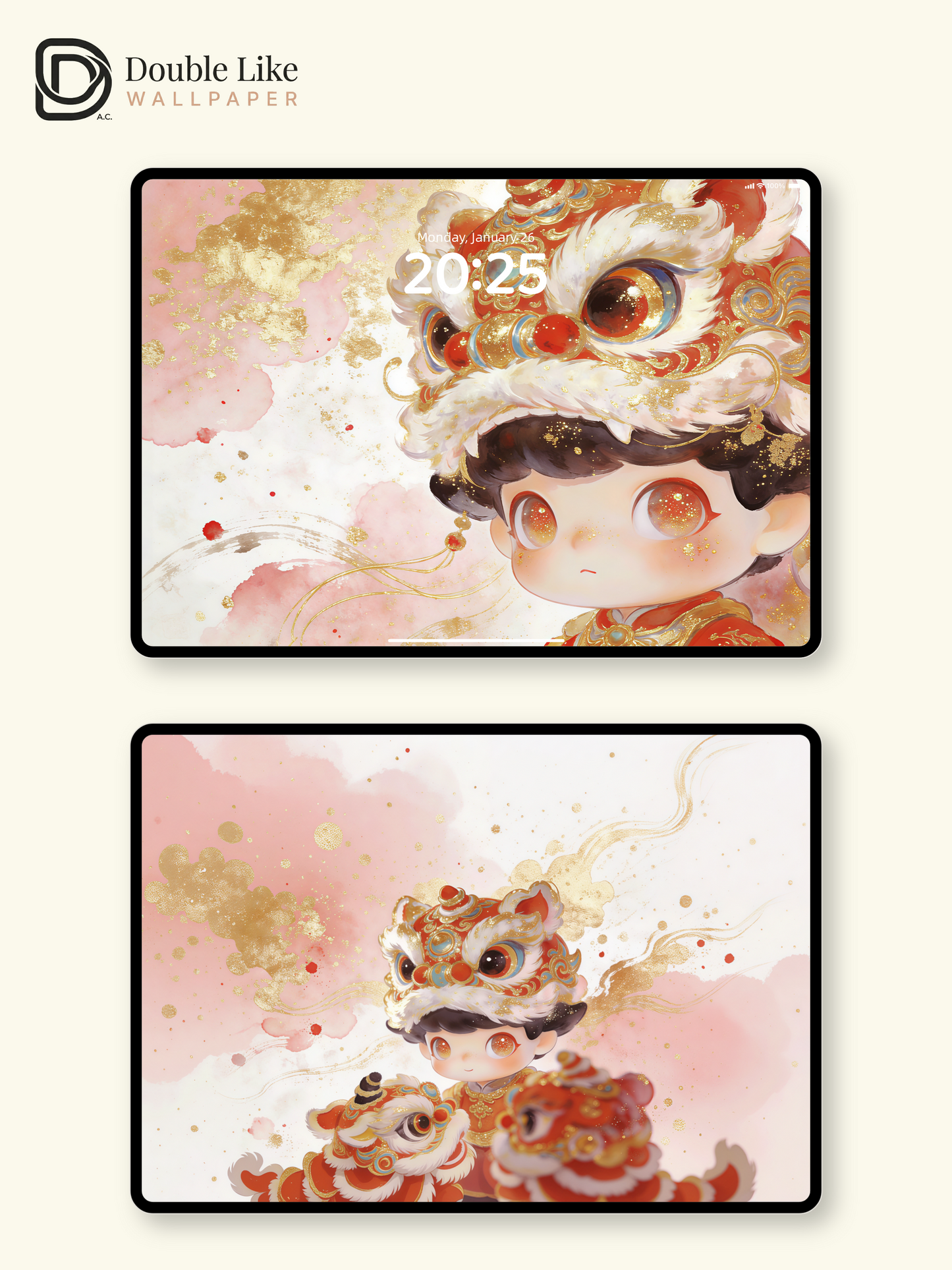Lunar New Year Lion Dance Wallpaper – Cute Chinese New Year Kid Aesthetic Lock Screen Set [#JJ308]