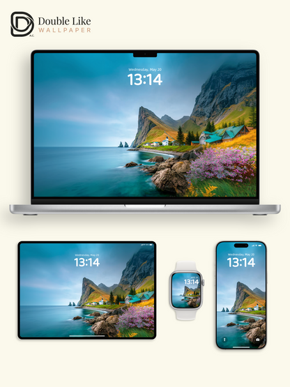 Nordic Cliff Village & Ocean Wildflower Coastal Wallpaper Pack [#JJ1328]