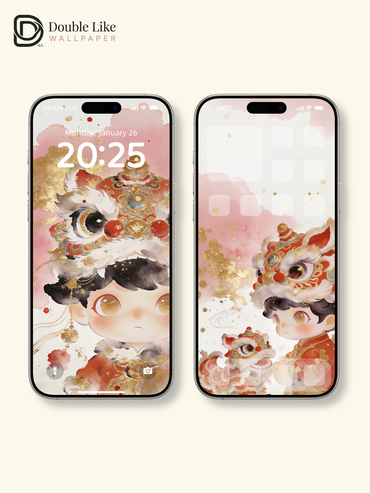 Lunar New Year Lion Dance Wallpaper – Cute Chinese New Year Kid Aesthetic Lock Screen Set [#JJ308]