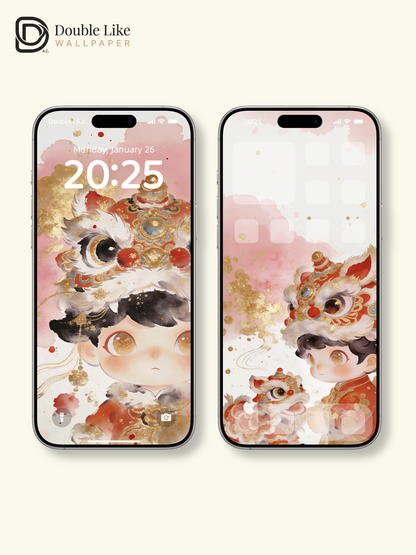Lunar New Year Lion Dance Wallpaper – Cute Chinese New Year Kid Aesthetic Lock Screen Set [#JJ308]