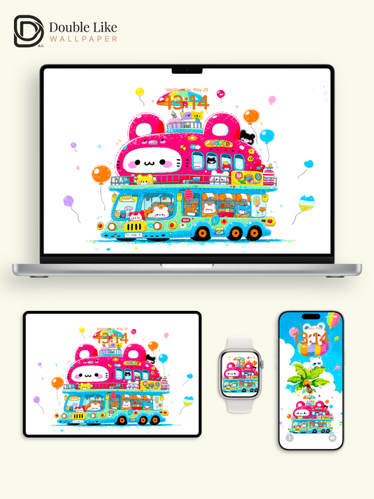 Cute Kawaii Animals Pink Bus Party Summer Aesthetic Wallpaper Pack [#HW1506]