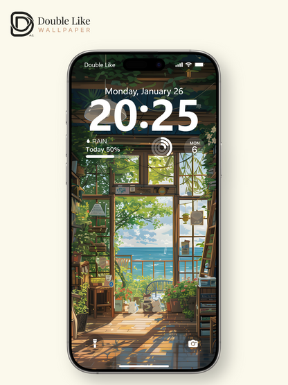 Cozy Seaside Library Reading Nook Healing Illustration Wallpaper Pack [#WGF004]