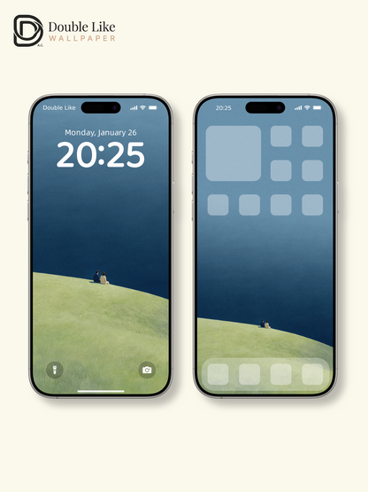 Romantic Illustration Wallpaper Pack Of Couple Sitting On Lakeside Grass Hill [#LFHL30509]