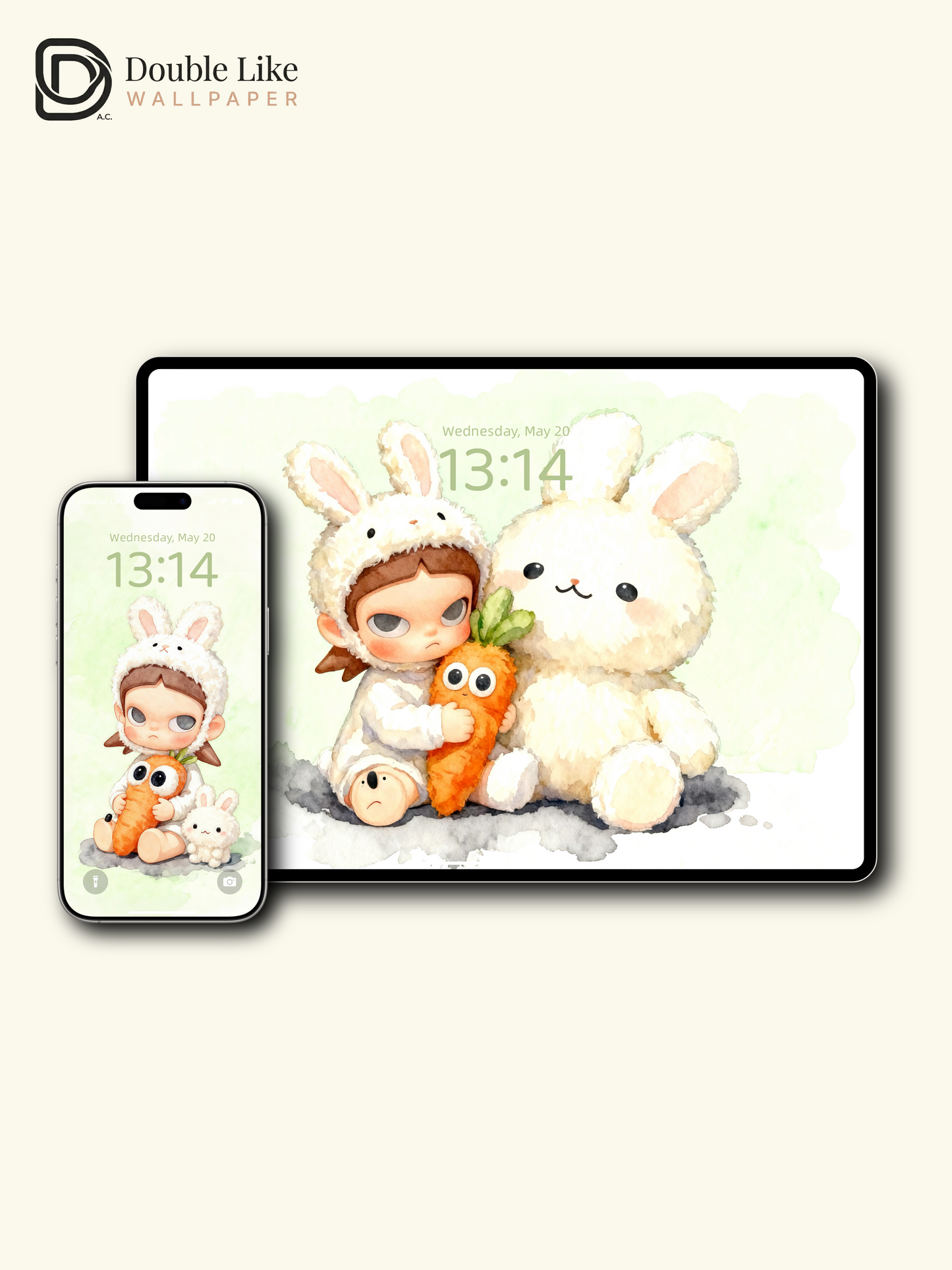 Cozy Bunny Hug Wallpaper – Cute Big-Eyes Kid Watercolor Lock Screen Set [#JJ230]