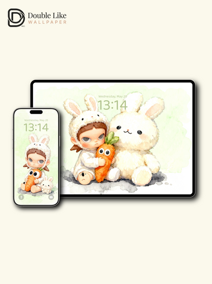Cozy Bunny Hug Wallpaper – Cute Big-Eyes Kid Watercolor Lock Screen Set [#JJ230]