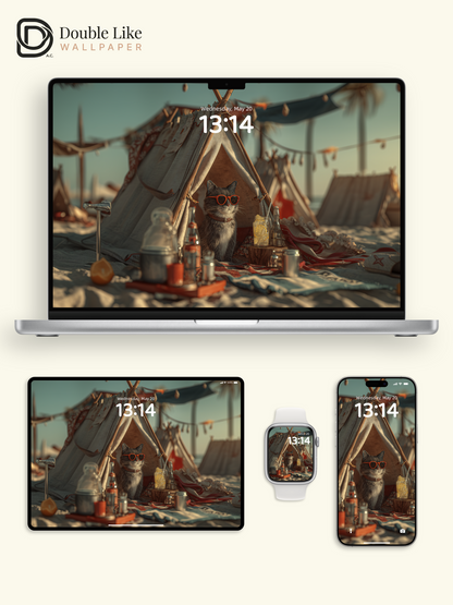 Cute Cool Cat Beach Glamping Summer Aesthetic Wallpaper Pack [#JJ1351]
