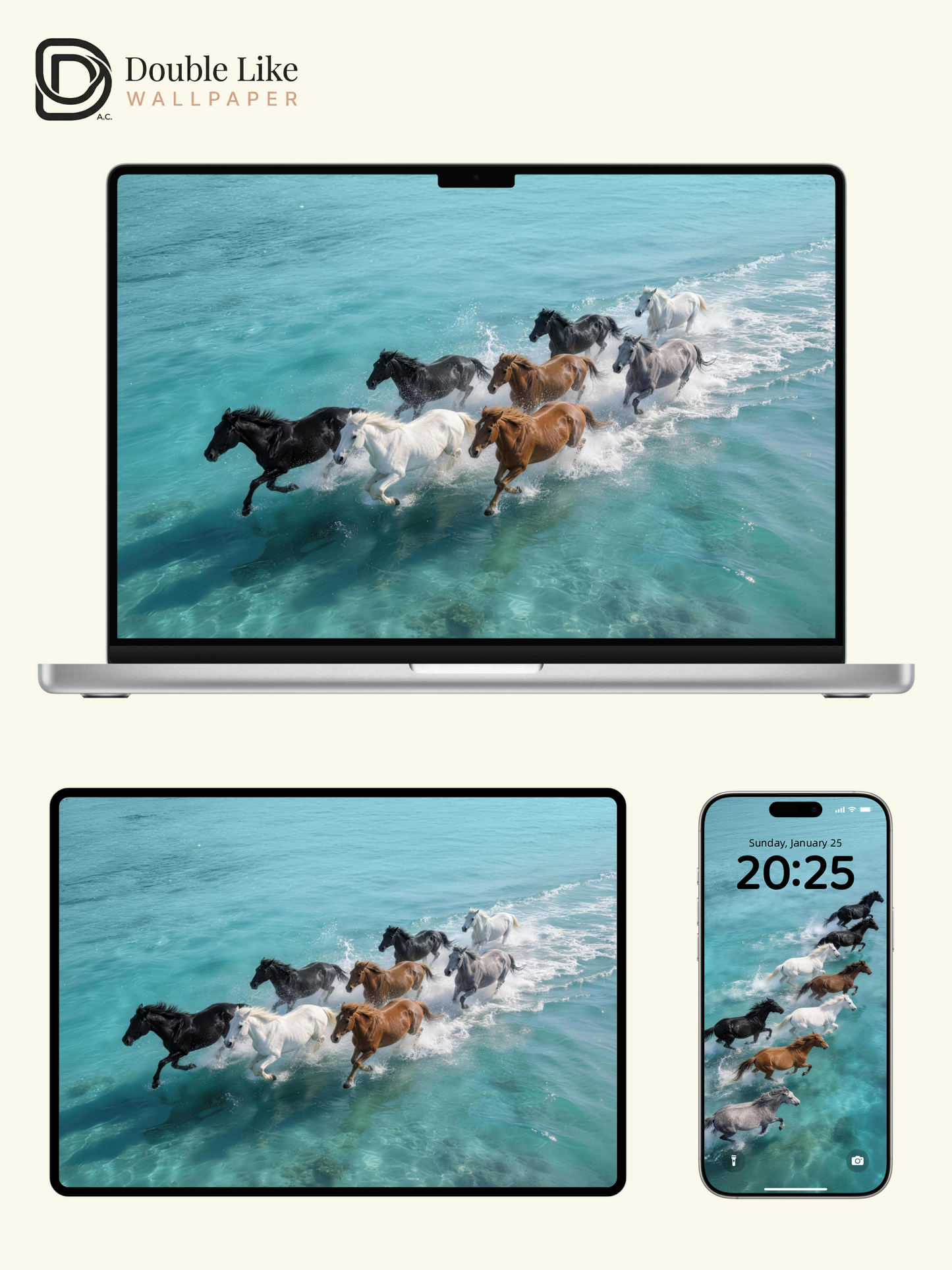 Eight Running Horses on Blue Sea Motivational Full Device Wallpaper Pack [#LFHL30114]