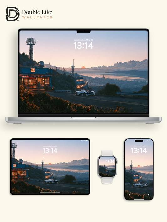 Sunset Mountain Overlook & Sports Car Anime Aesthetic Wallpaper Pack [#JJ1456]