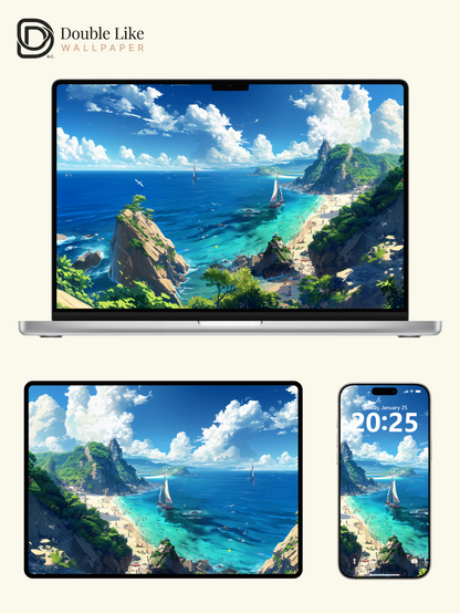 Coastal Beach Sailboat Summer Clouds Anime Aesthetic Wallpaper Pack [#WGF037]