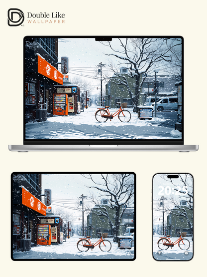Winter Snowy Japanese Street Orange Bike Anime Cozy Aesthetic Wallpaper Pack [#WGF080]