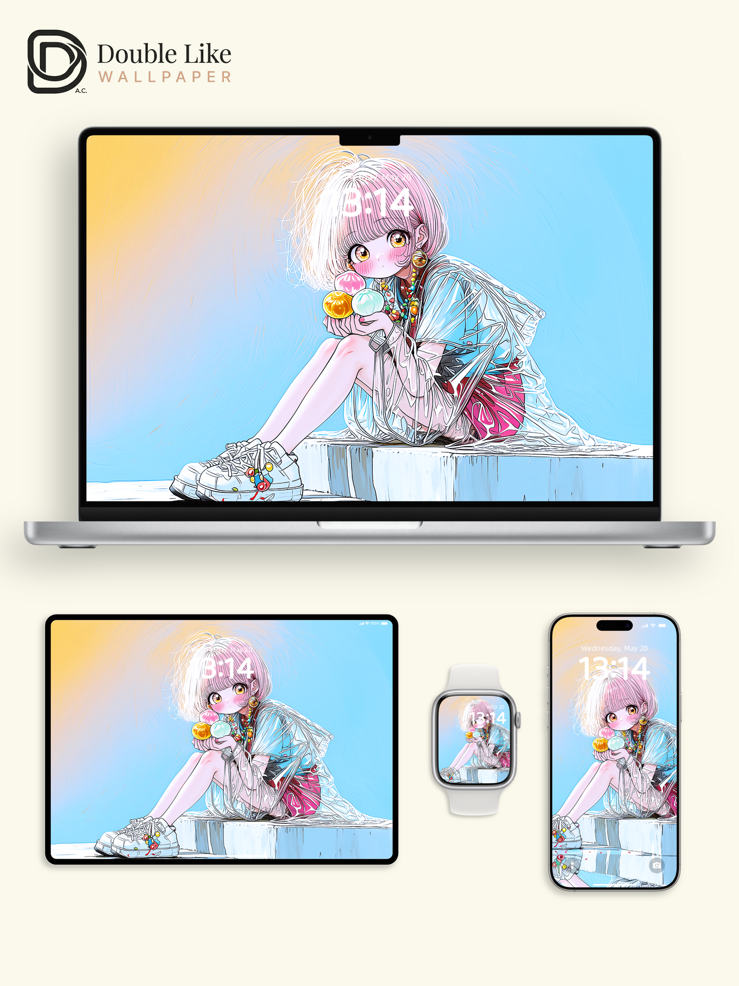 Kawaii Anime Summer Girl Beach Dessert Aesthetic Wallpaper [#HW1483]