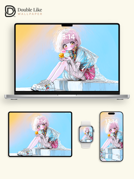 Kawaii Anime Summer Girl Beach Dessert Aesthetic Wallpaper [#HW1483]