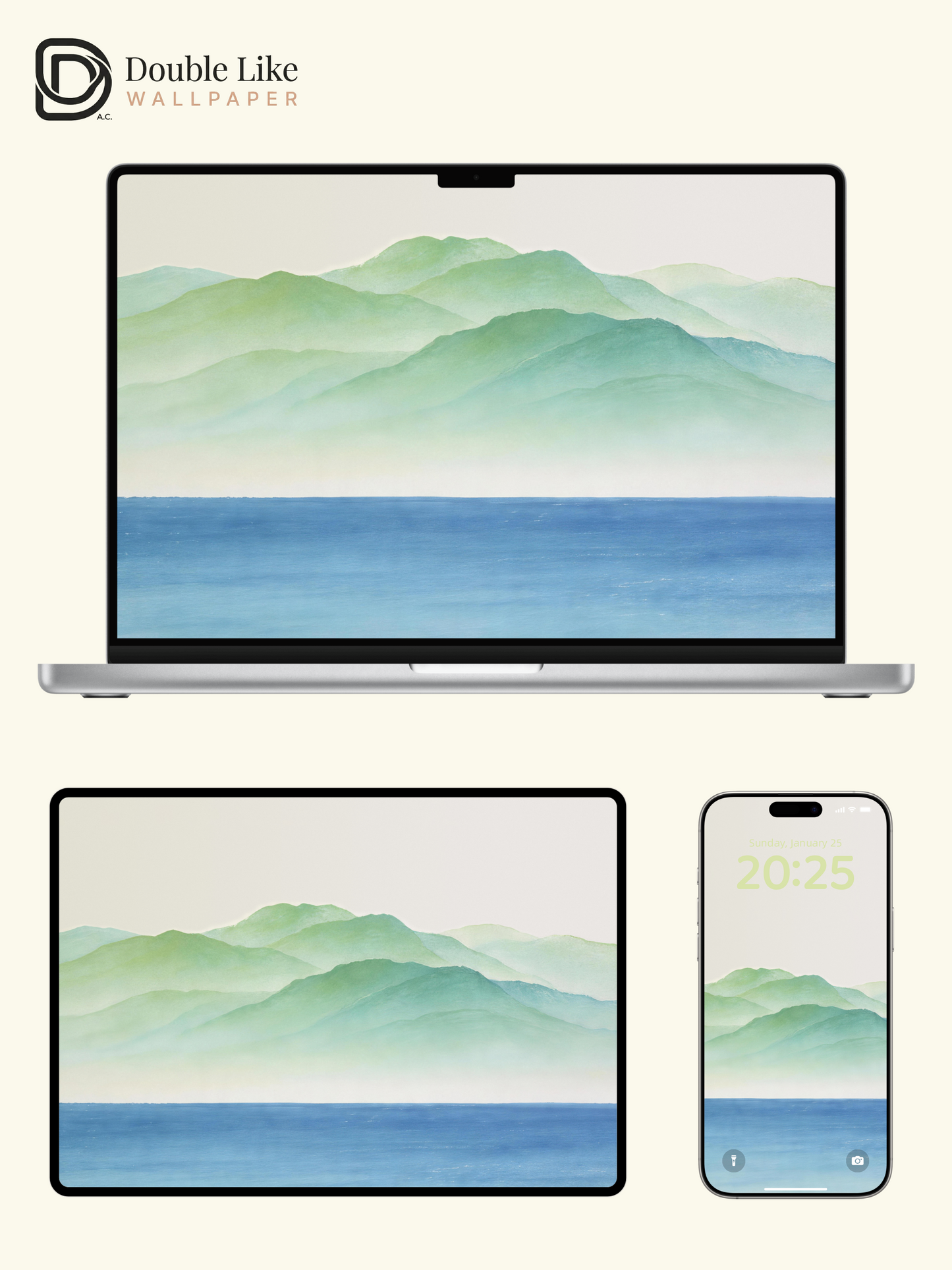 Watercolor Green Layered Mountains & Blue Sea Minimal Calming Fresh Aesthetic Landscape Wallpaper Pack [#LFHL30413]