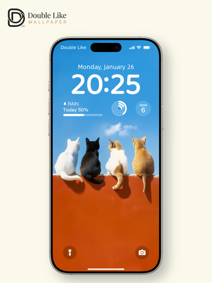 Four Cats Wall Sitting Blue Sky Minimalist Cute Aesthetic Wallpaper Pack [#ZMY540]