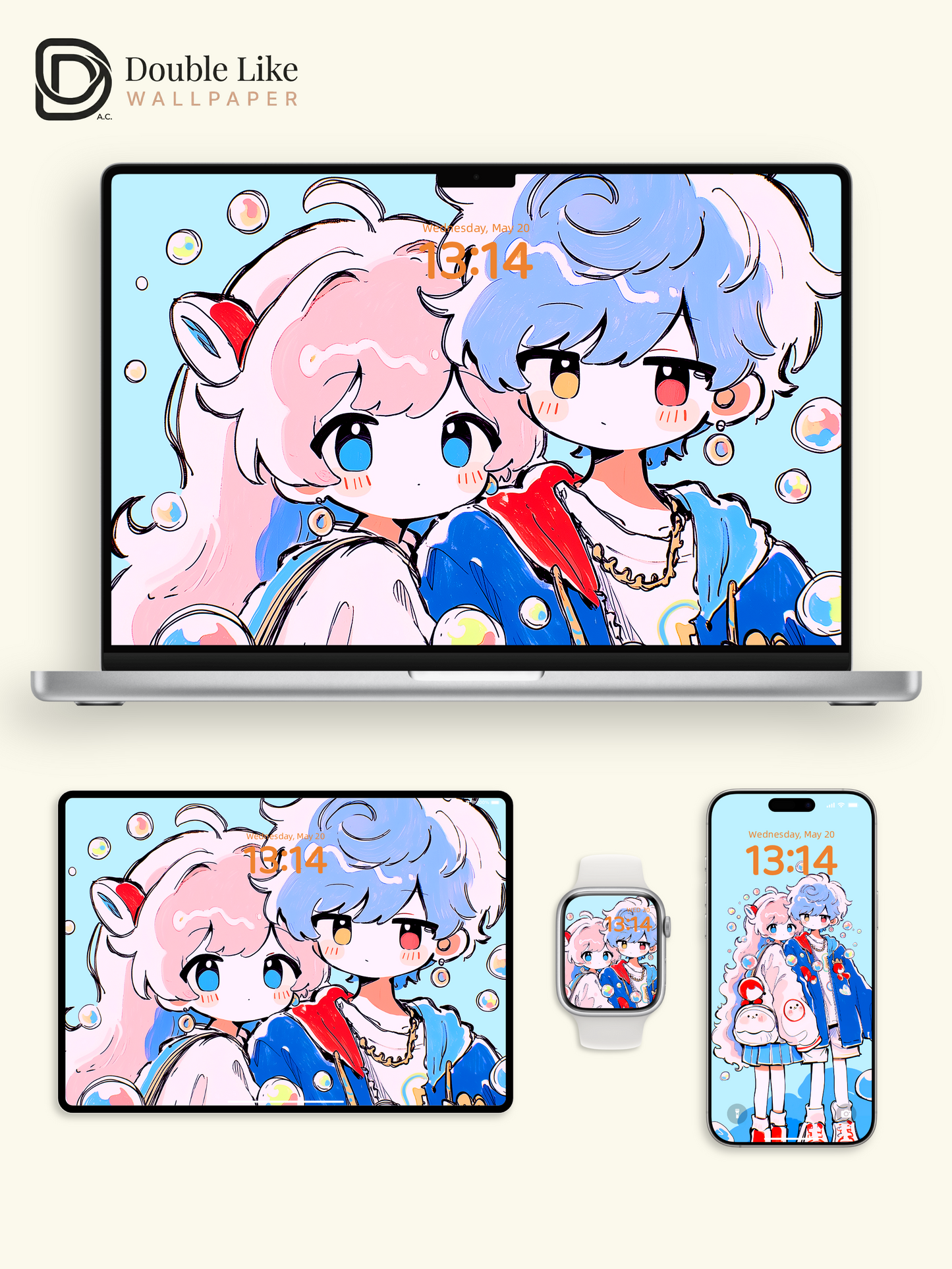 Cute Anime Couple Pastel Bubbles Romantic Kawaii Aesthetic Wallpaper Pack [#HW1516]