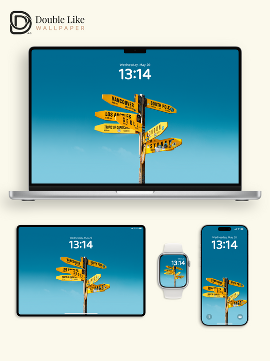 Yellow Travel Signpost Clear Blue Sky Minimalist Aesthetic Wallpaper Pack [#ZMY538]