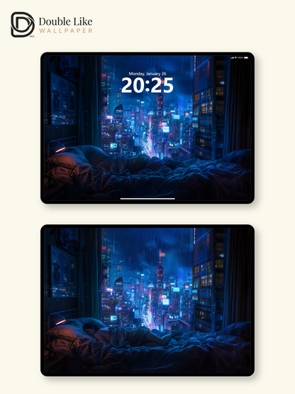 Rainy Cyberpunk City View Bedroom Anime Cozy Aesthetic Wallpaper Pack [#WGF098]
